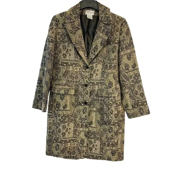 Newport News Brocade Jacquard Button Jacket Vintage Pea Coat Mid Length Women 12 - Picture 1 of 12